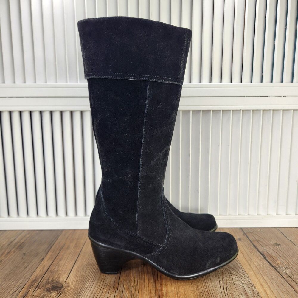 Dansko Risa Tall Black Suede Boots Womens Size 8 Full Zip Mid Calf Riding Heeled